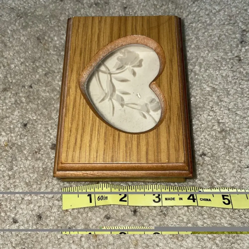 Cottagecore Wood Jewelry Trinket Box Oak Rectangle Heart Glass Floral
